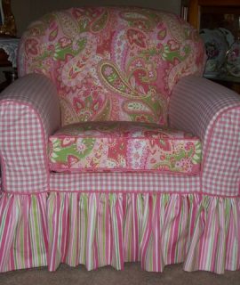 Custom-slipcover-child's-chair-pink-printed-colored-fabric-Zona’s-Drapery-House